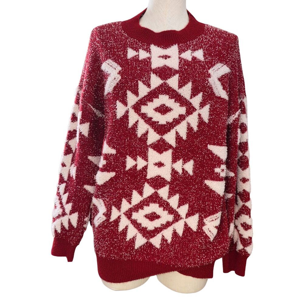 Women's Polagram Red Western Print Long Sleeve Crew Neck Sweater Size M